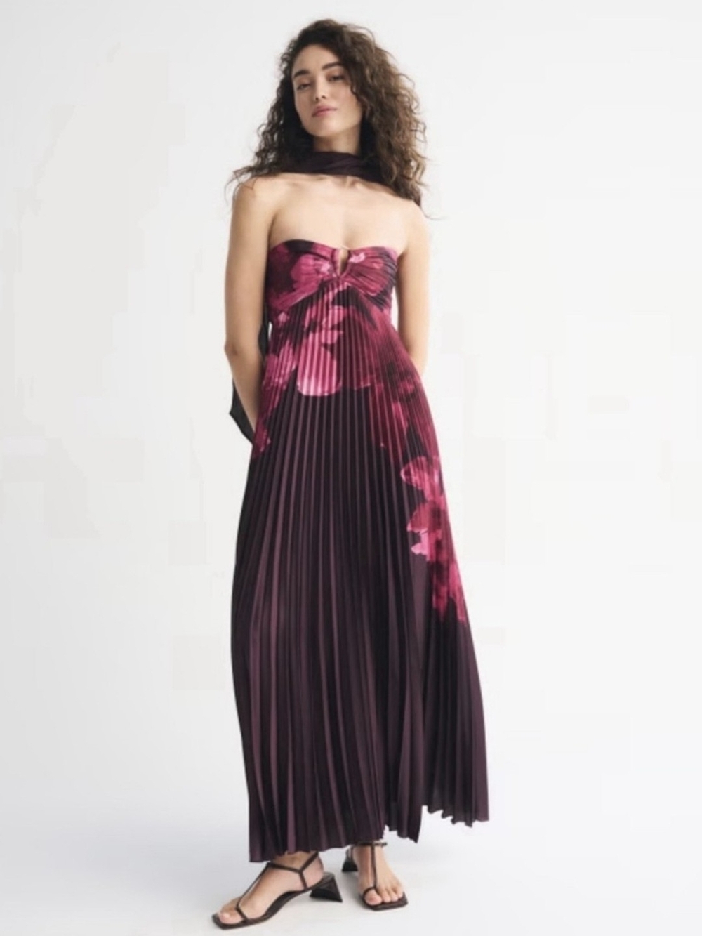 Abercrombie & Fitch Strapless Pleated Floral Maxi Dress in Berry and Fuchsia